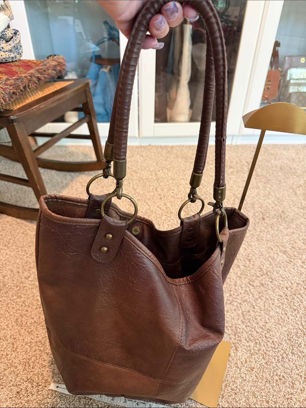 Brown Leather Tote Bag with Brass Hardware